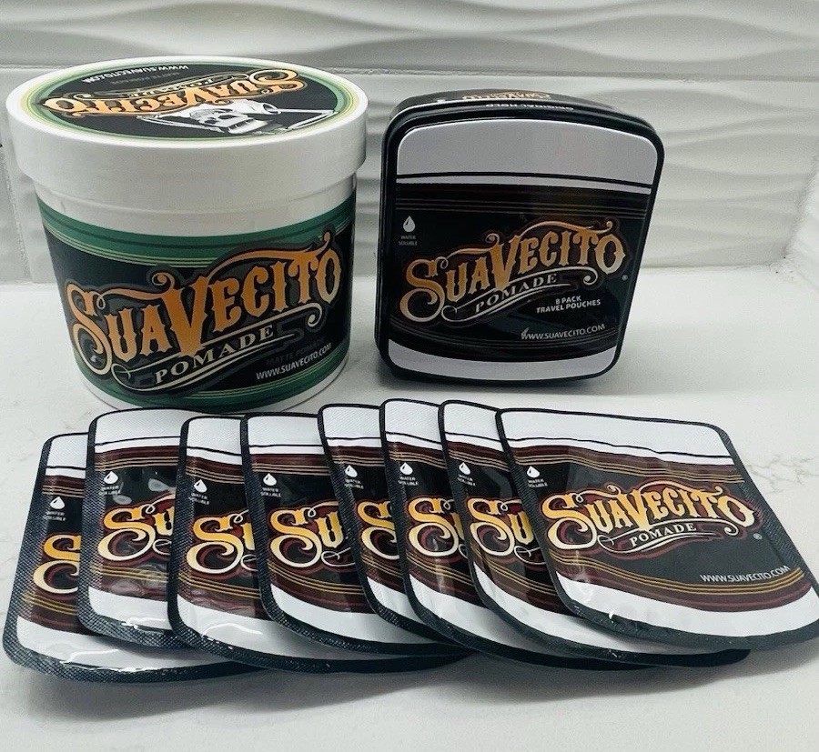 Suavecito Matte Pomade 32 oz + 8 Pk Original Hold 0.5 oz Travel Pouches with Tin