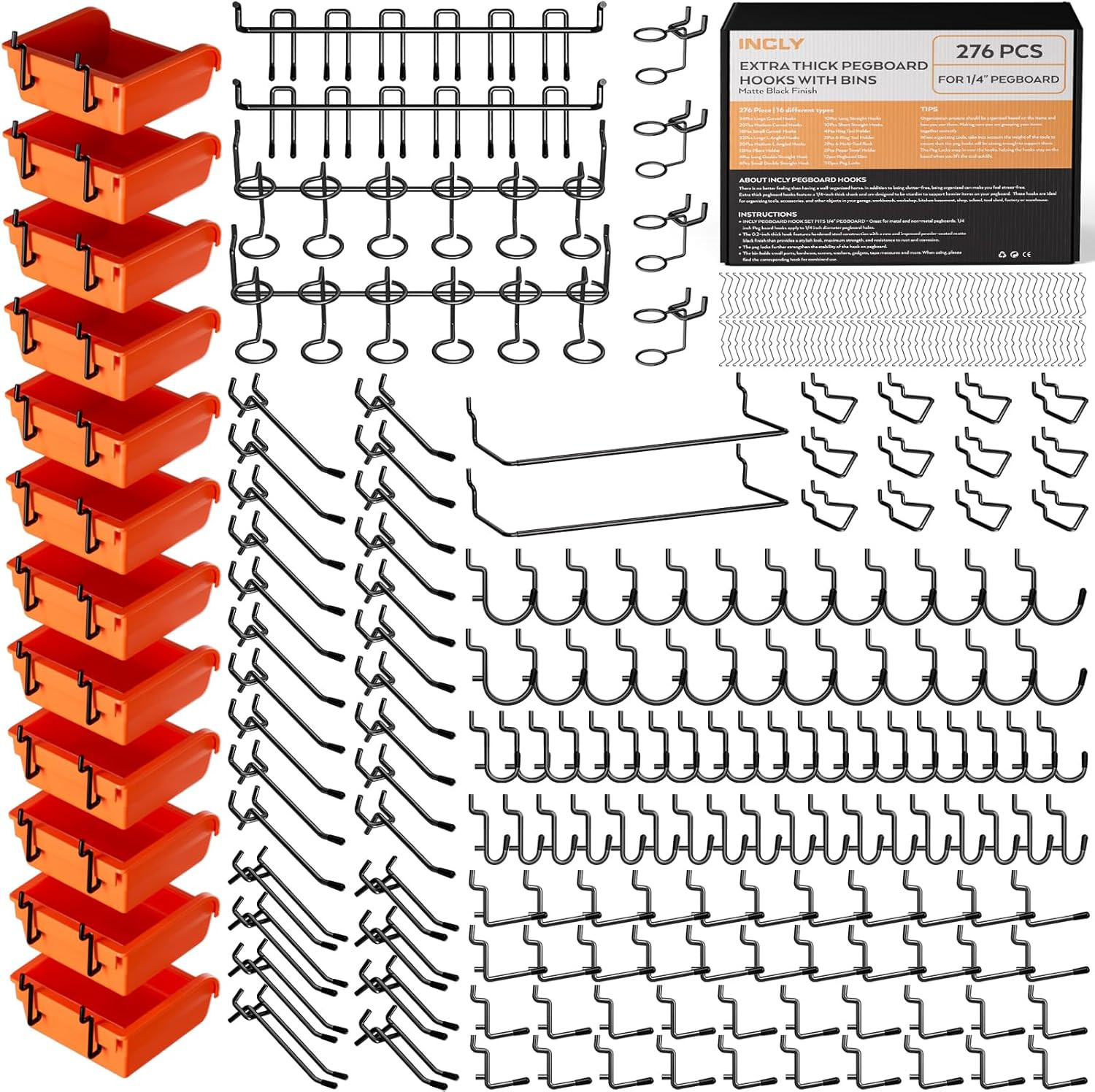 276PCS Extra Thick 1/4" Pegboard Accessories Organizer Kit, Heavy Duty Black Peg