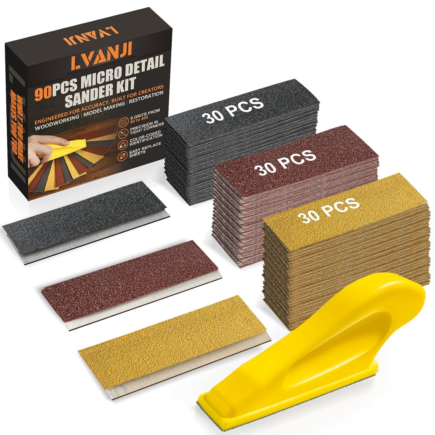 90PCS Premium Micro Detail Sander Kit, Updated 3-In-1 Mini Hand Sanding Block, 6
