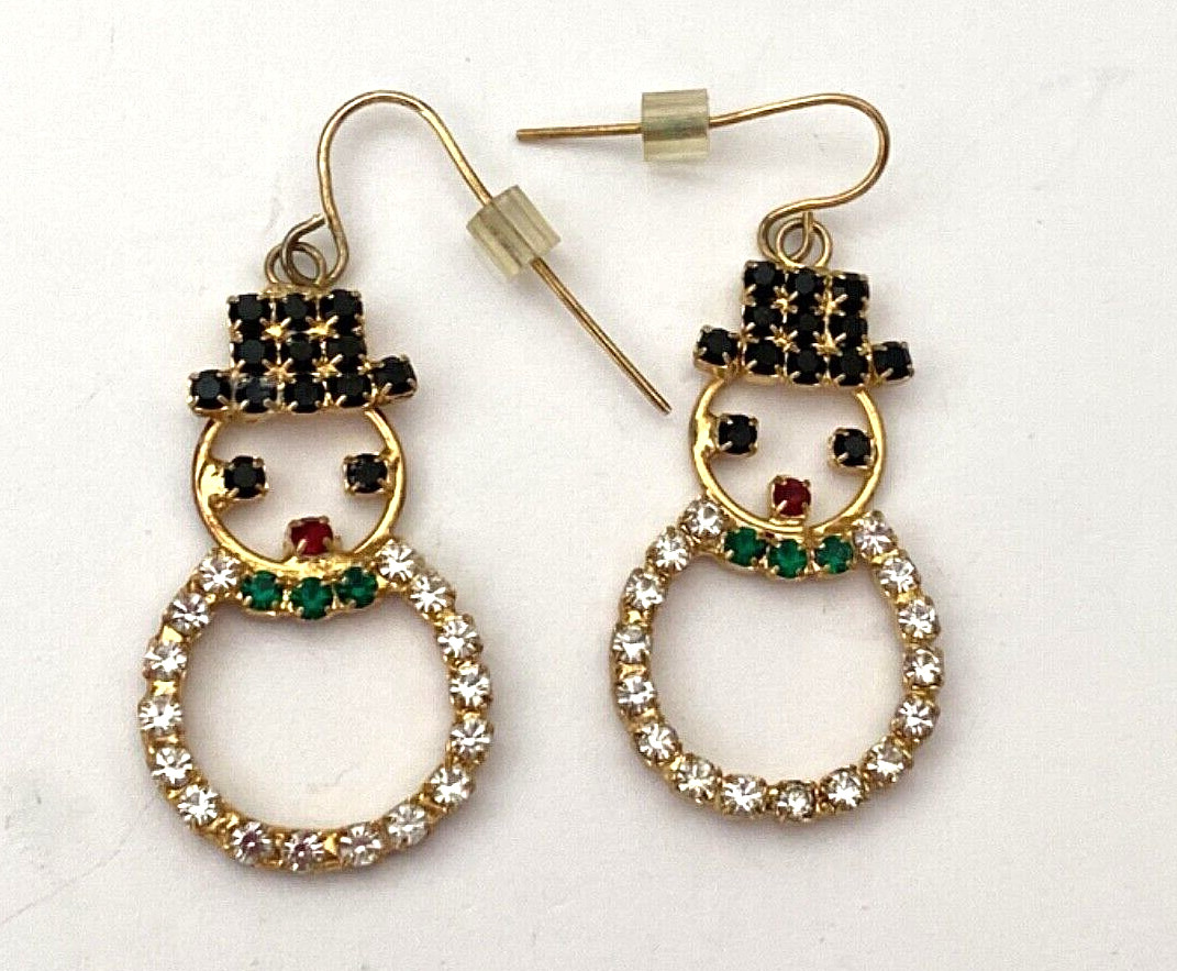 VINTAGE RHINESTONE DANGLE SNOWMAN EARRINGS MULTI COLOR FRENCH WIRE 2"