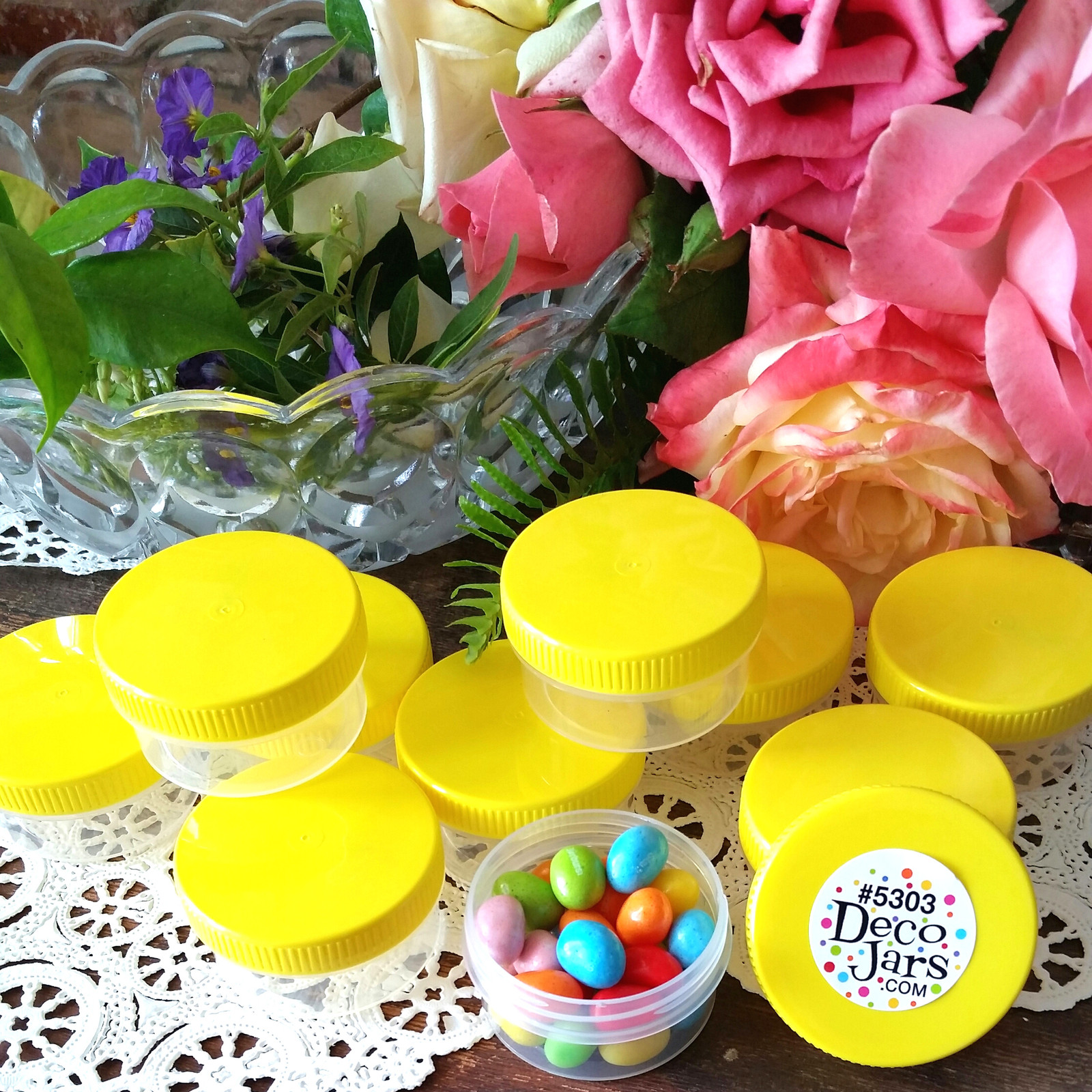 10 JARS Wide Mouth 1 ounce Container Plastic Screw Yellow Cap 5303  DecoJars USA