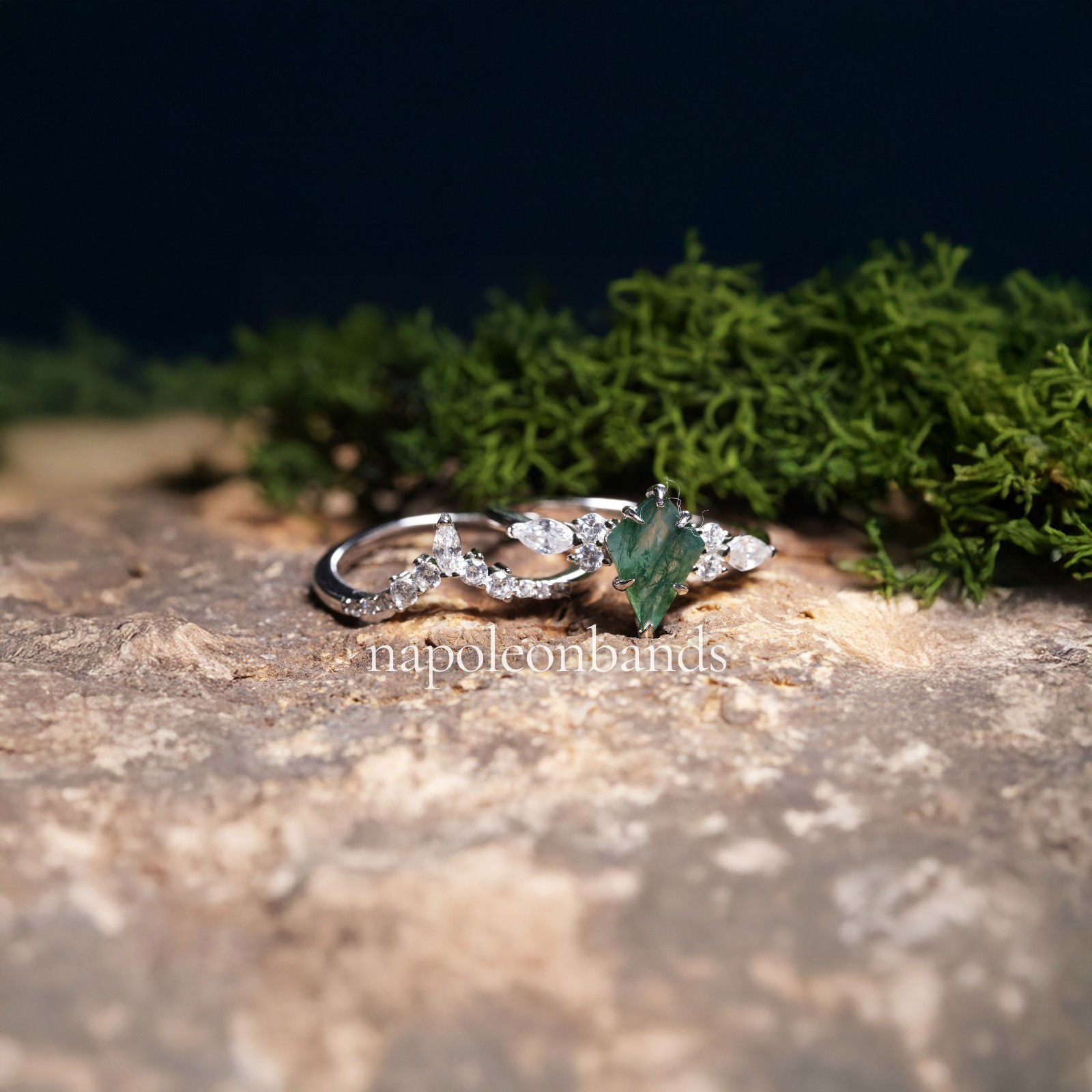 Kite Cut Green Moss Agate Ring Sterling Silver, Stackable Engagement Ring