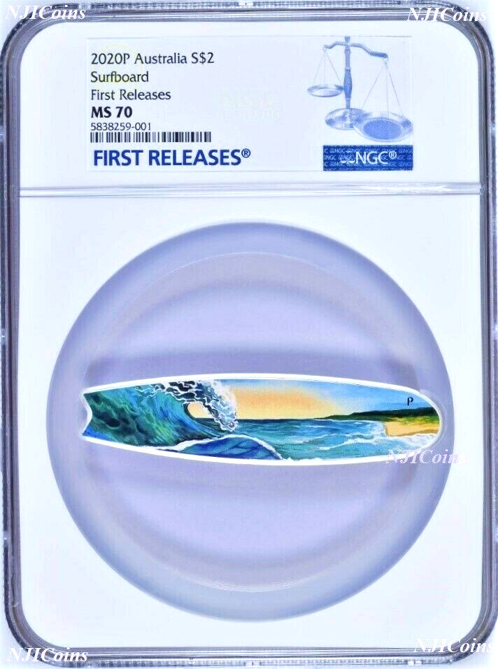 2020 Surfboard 2oz Colored Silver Australia $2 Coin NGC MS 70 FR