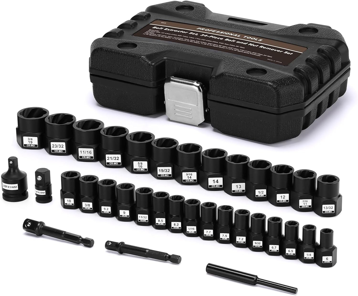 34-Piece 1/4"&3/8" Drive CR-MO Bolt Extractor Set for Damaged Rusted Bolts Nuts