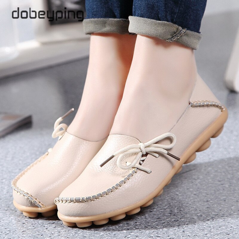 Moccasins Women Flats Loafers Genuine Leather Shoes Slip On Ballet Bowtie Shoe