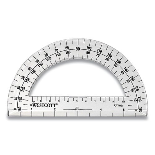 Westcott 180 Degree Protractor, Plastic, 6" Ruler Edge/180 Degree, Clear, 3/Pack