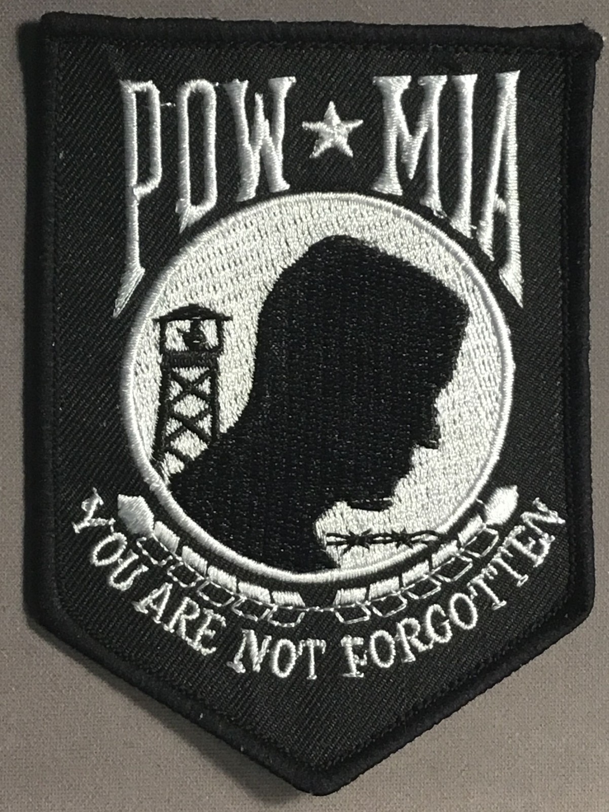 Large POW MIA silver on black You Are Not Forgotten 4.5" x 3" patch