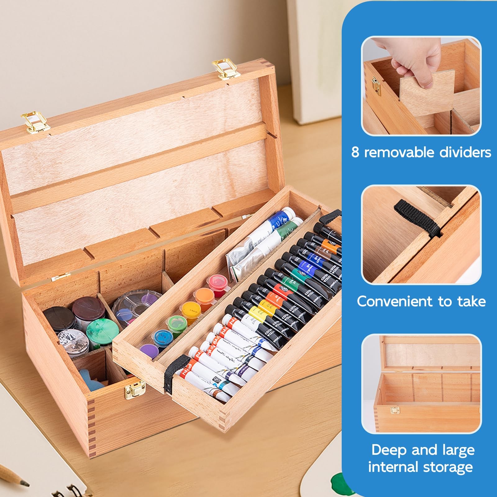 Large Art Supply Storage Box, Solid Beechwood Tool Box, Artist Storage Organizer