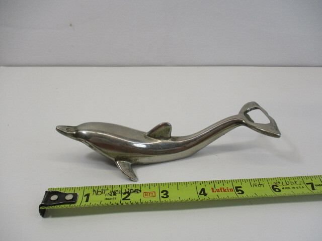 DOLPHIN Bottle Opener, 6-1/2" Long, Silver Plated, Opens 2 Ways, Vintage MCM, EC
