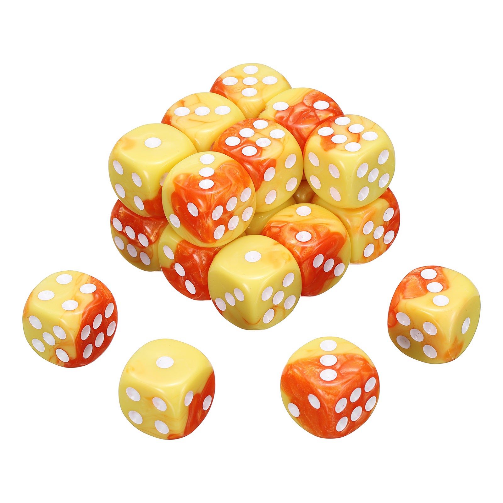 20Pcs 6 Sided Colored Standard Dice, Acrylic D6 Game Dice, Orange/Yellow, White