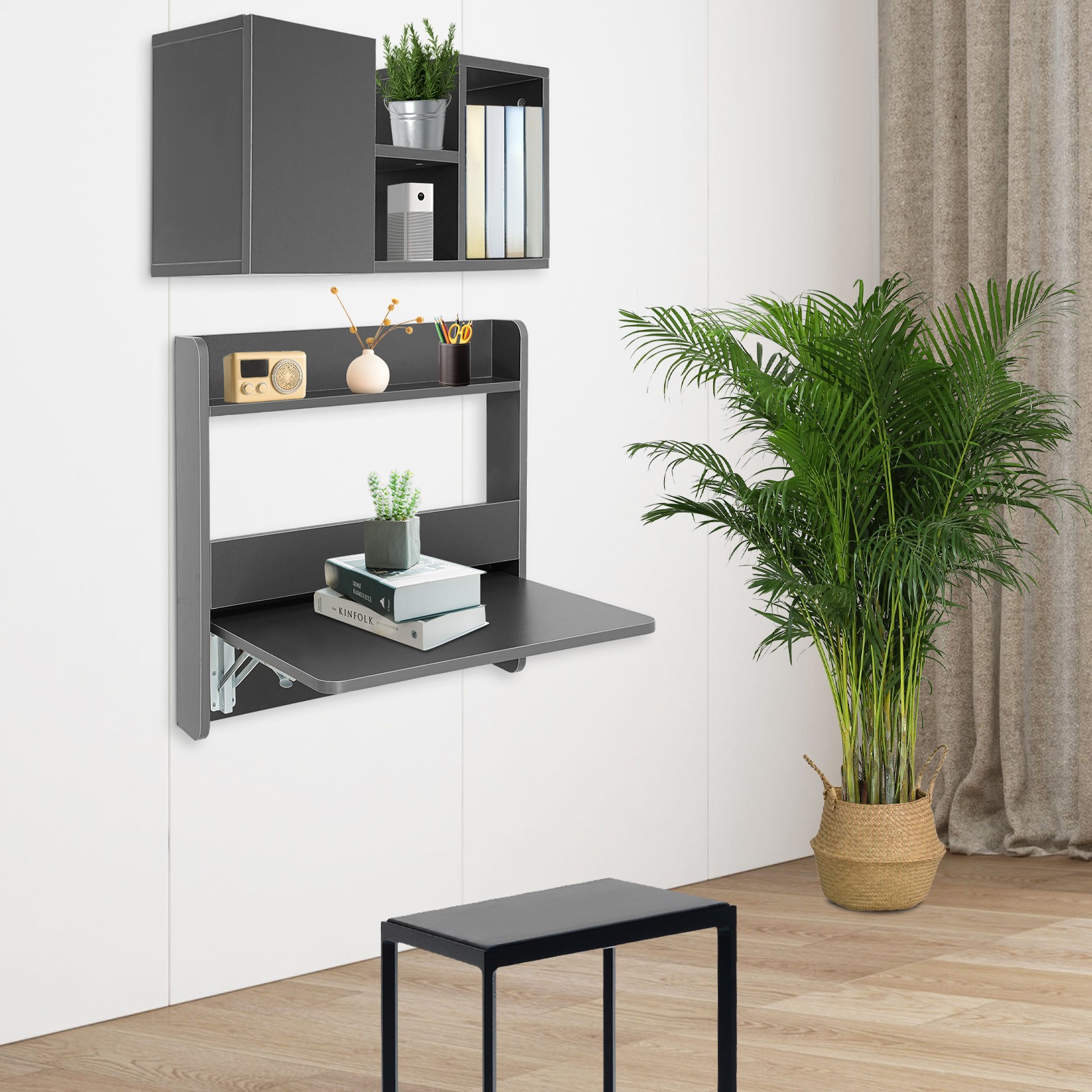 Wall Mounted Bookshelf Folding Space Saving Wall Mounted Table Laptop Desk Grey