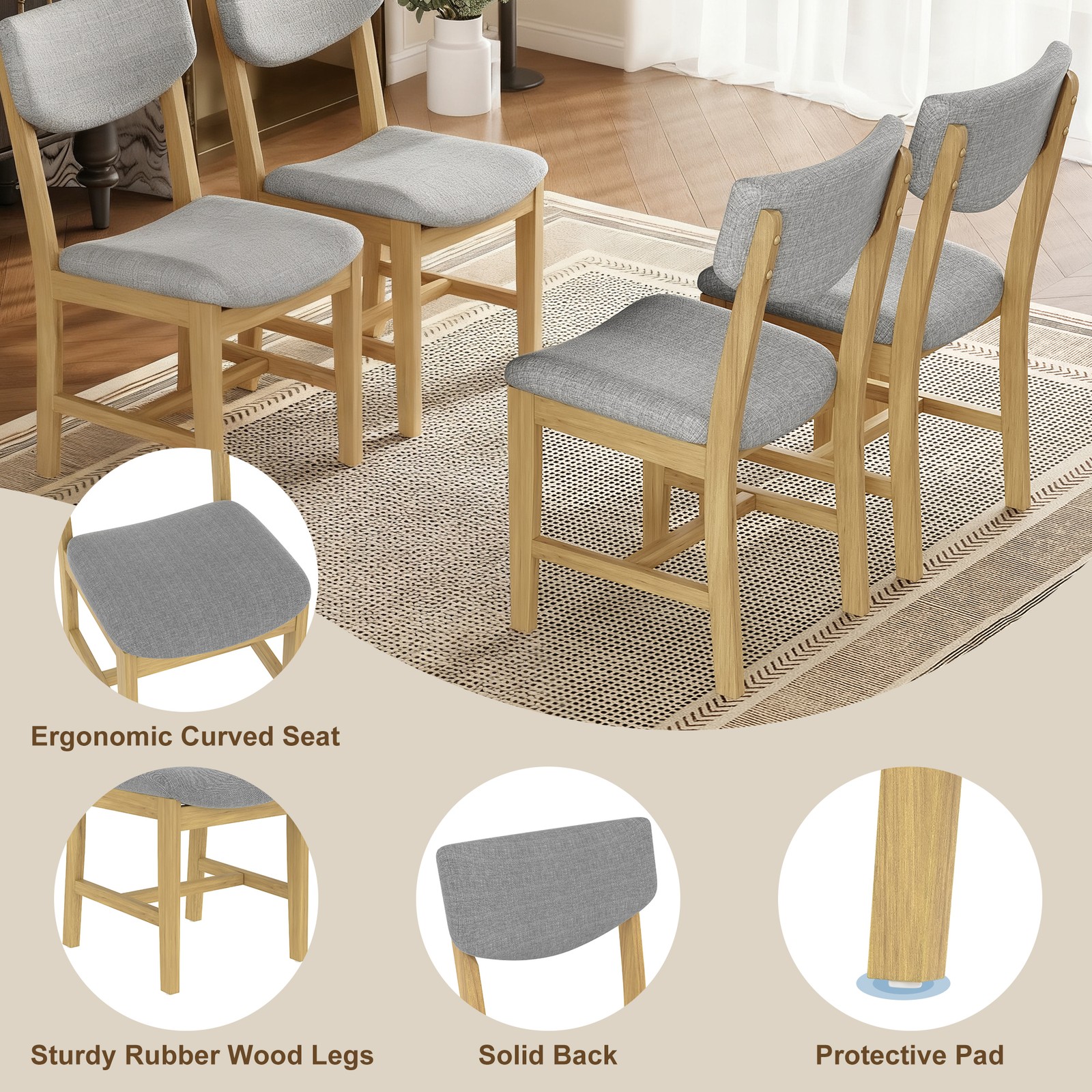 4-Piece Rustic Farmhouse Dining Chair - Solid Wood Frame with Gray Fabric Cush