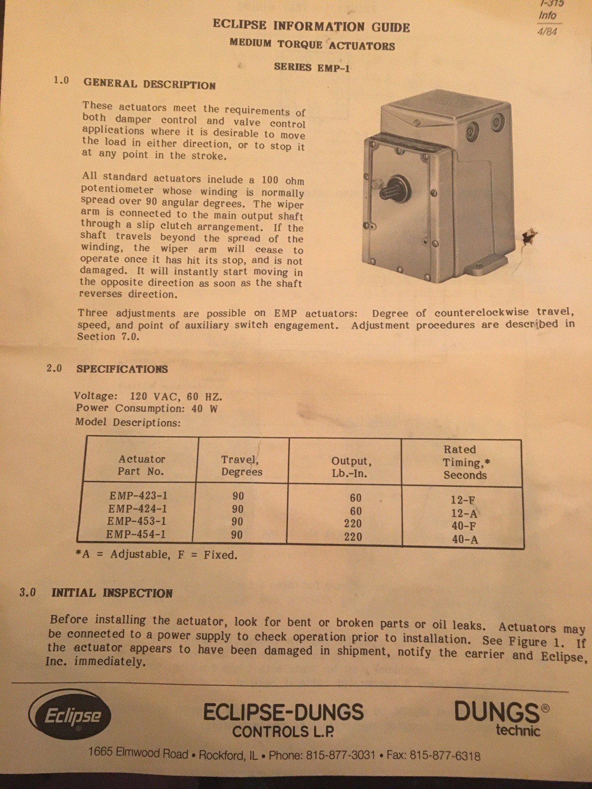 Eclipse Instrumentation Medium Torque Actuator EMP424-1 120V .65A 40W