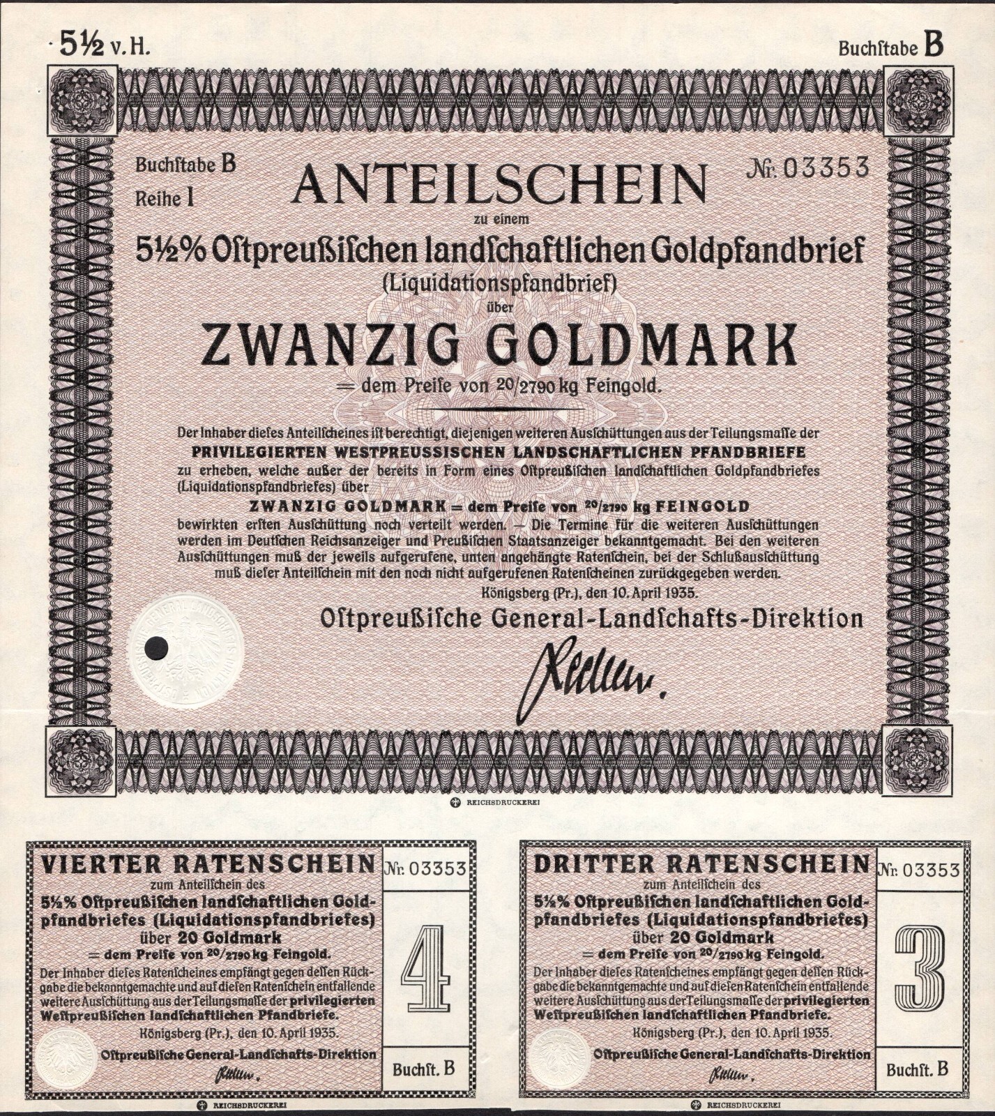 20 Goldmark 1935 - Königsberg  / Germany Loan Bond - Series: 03353 - "W77