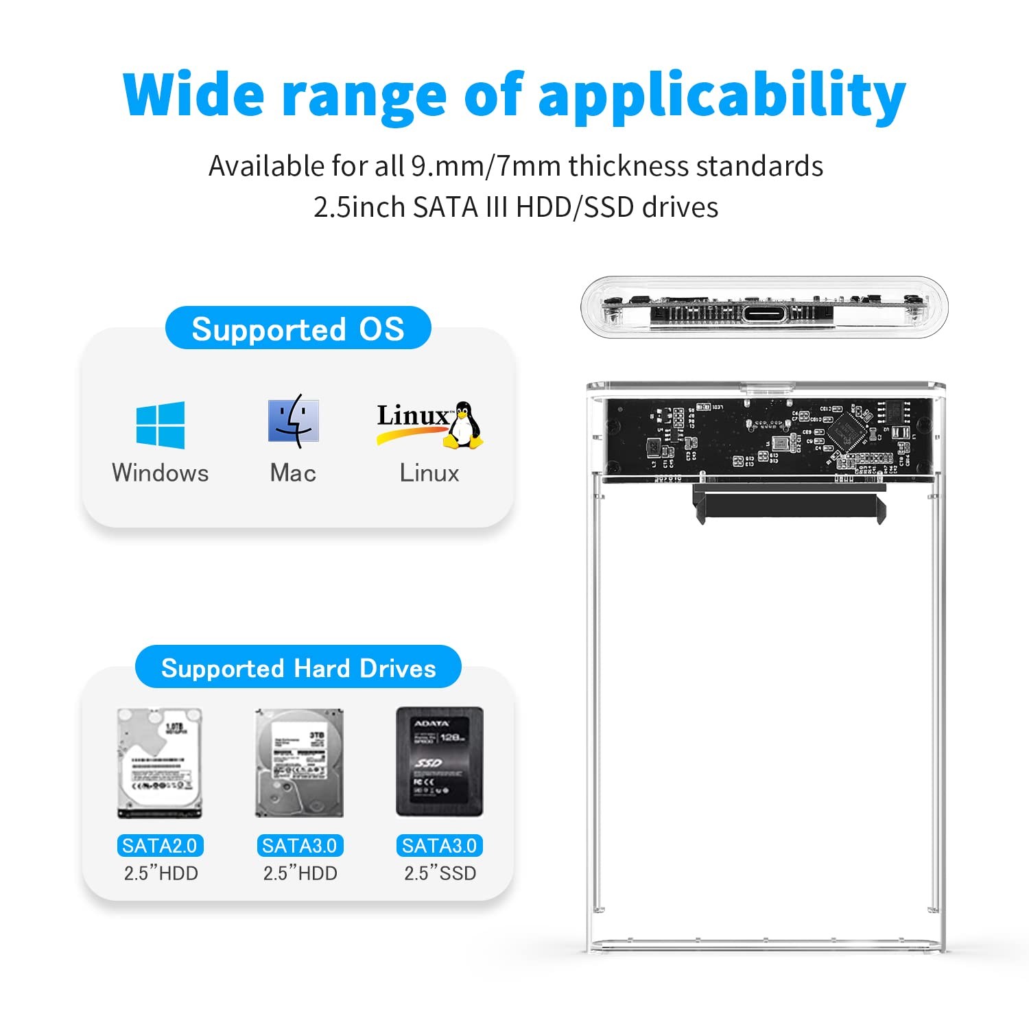 ELUTENG 2.5 SSD Enclosure 5Gbps Hard Drive SATA USB Type C Clear