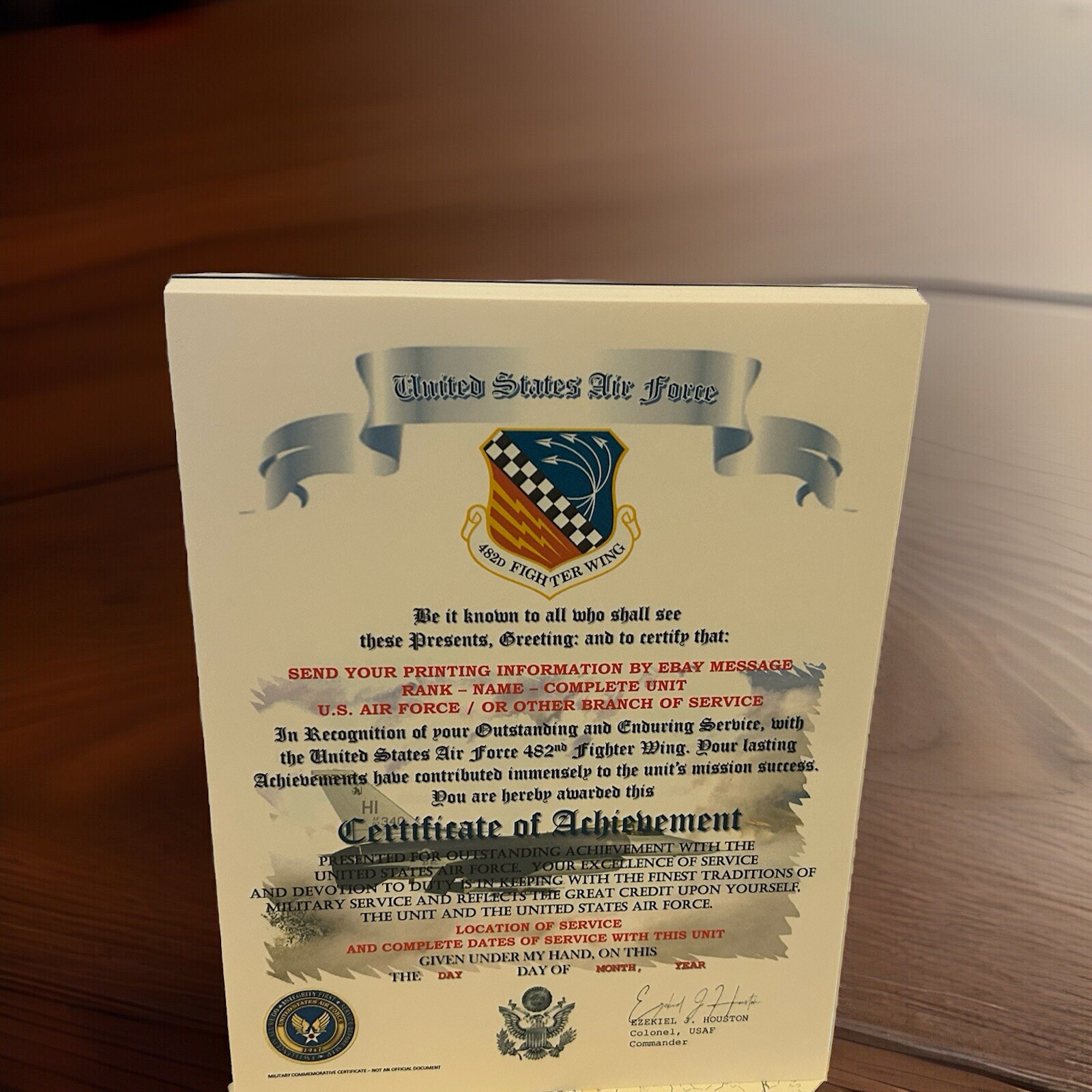 U.S.A.F. / AIR FORCE 482ND FIGHTER WING - CERTIFICATE OF ACHIEVEMENT
