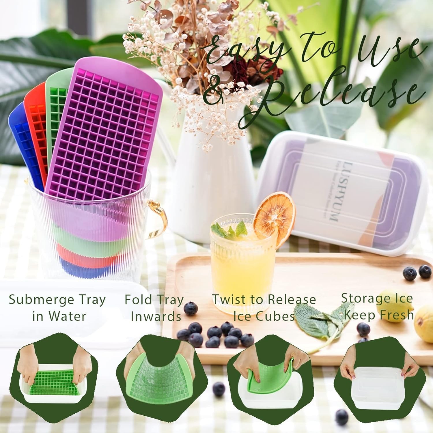 Mini Ice Cube Trays for Freezer with Bin and Scoop, Cube, Multicolor