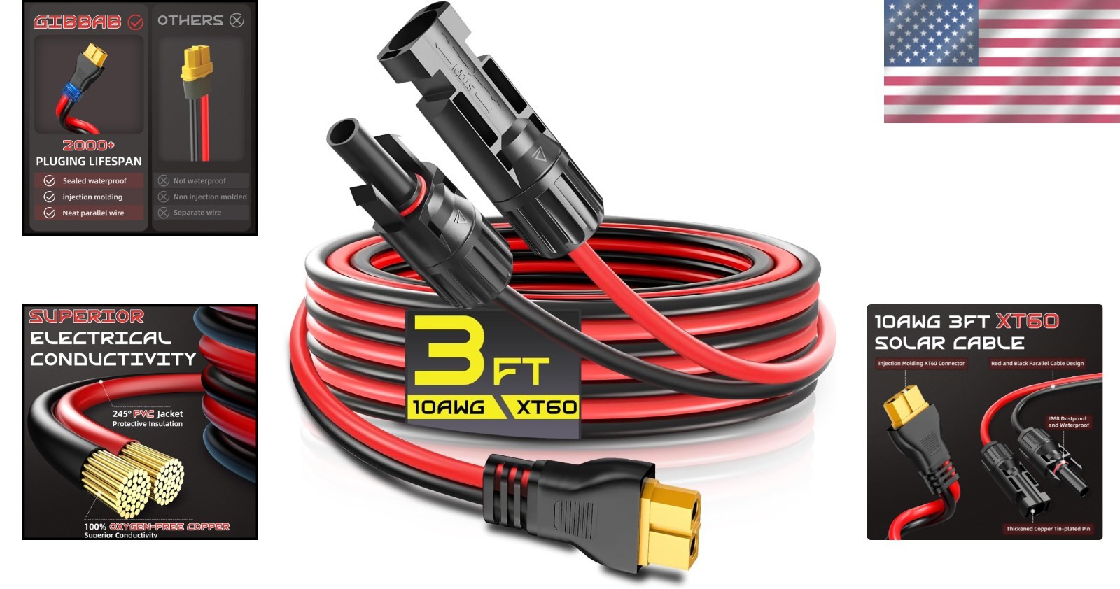 Durable 3FT 10AWG XT60 Solar Panel Extension Cable - Fast Charge & Waterproof