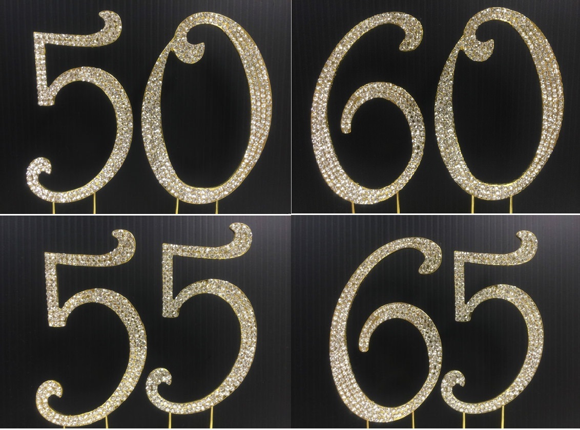 4.5 In. High 50, 60, 65 Gold Tone Numbers Rhinestone Birthday Party Cake Topper