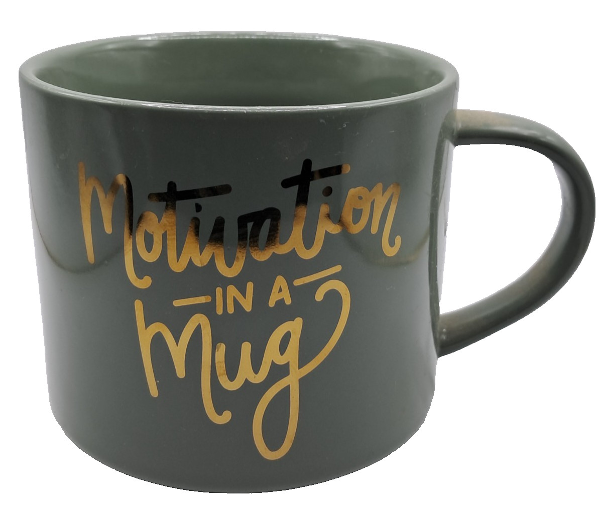 Motivation in a Mug Green Gold Lettering Ceramic Coffee Cup 3.5" Tall