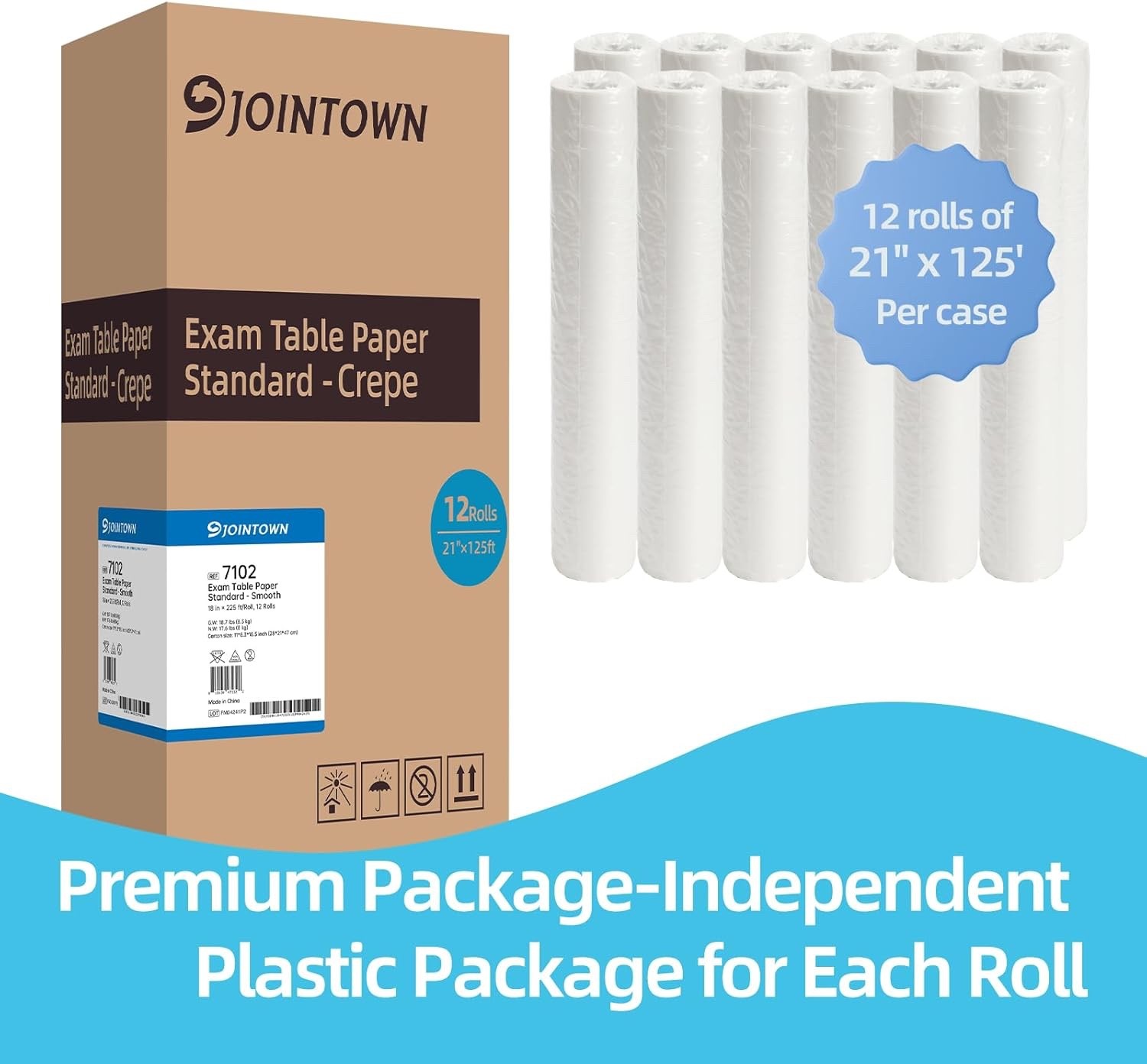 Jointown Exam Table Paper, Crepe Table Paper 21 in X 125 ft, Case of 12 Rolls