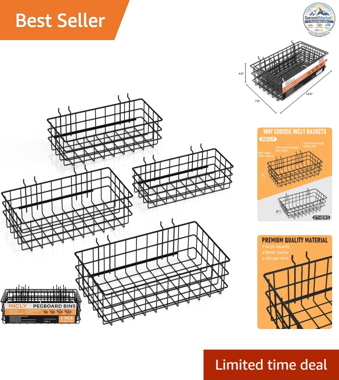 4 Pack Black Metal Pegboard Baskets Set for Garage Wall Storage