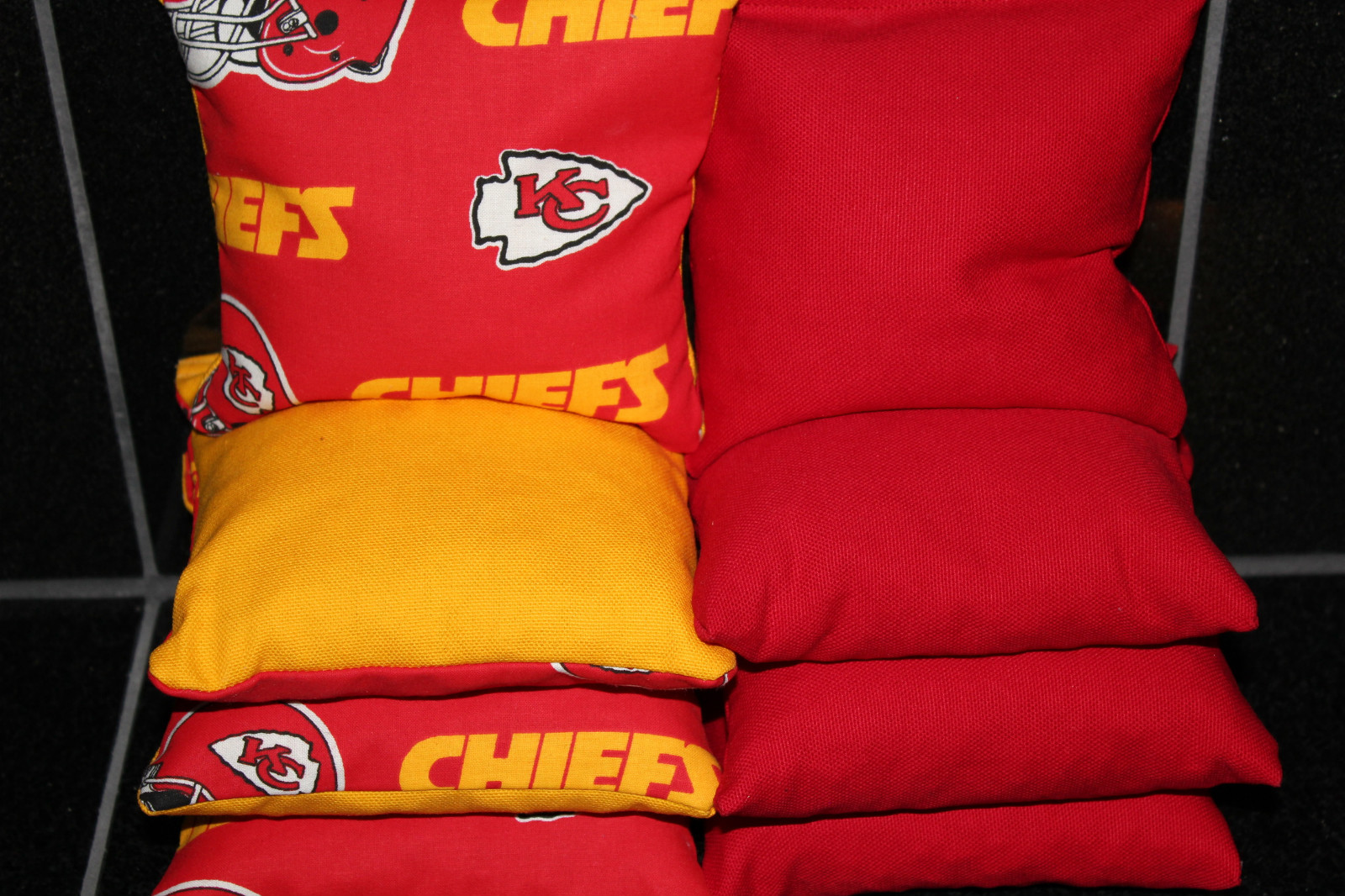 8 CORNHOLE BEANBAGS made w KANSAS CITY CHIEFS Fabric ACA Reg Bags, Top Quality