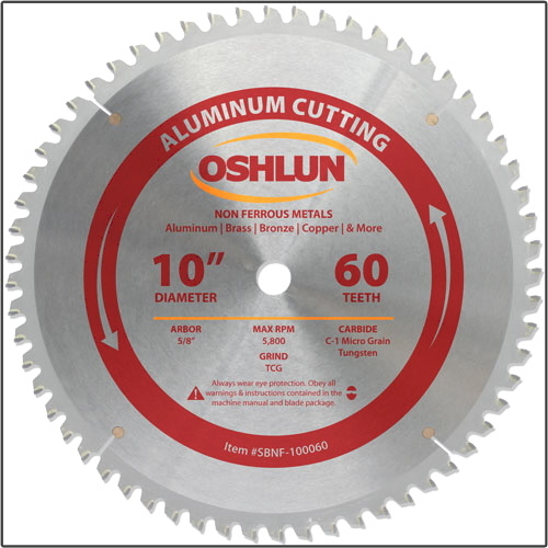 Oshlun  SBNF-100060  10" x 60 Tooth Aluminum Cutting (Non-Ferrous) Saw Blade
