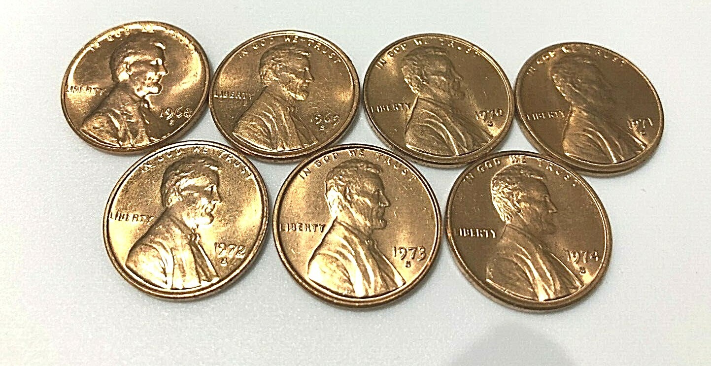 1968S 1969S 1970S 1971S 1972S 1973S 1974S 7 LINCOLN  RED CENTS UNCIRCULATED