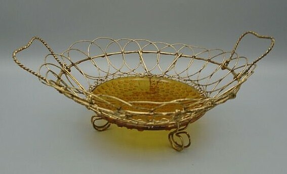 Vintage Footed Wire Basket with Handles & Hobnail Amber Glass Insert Bottom