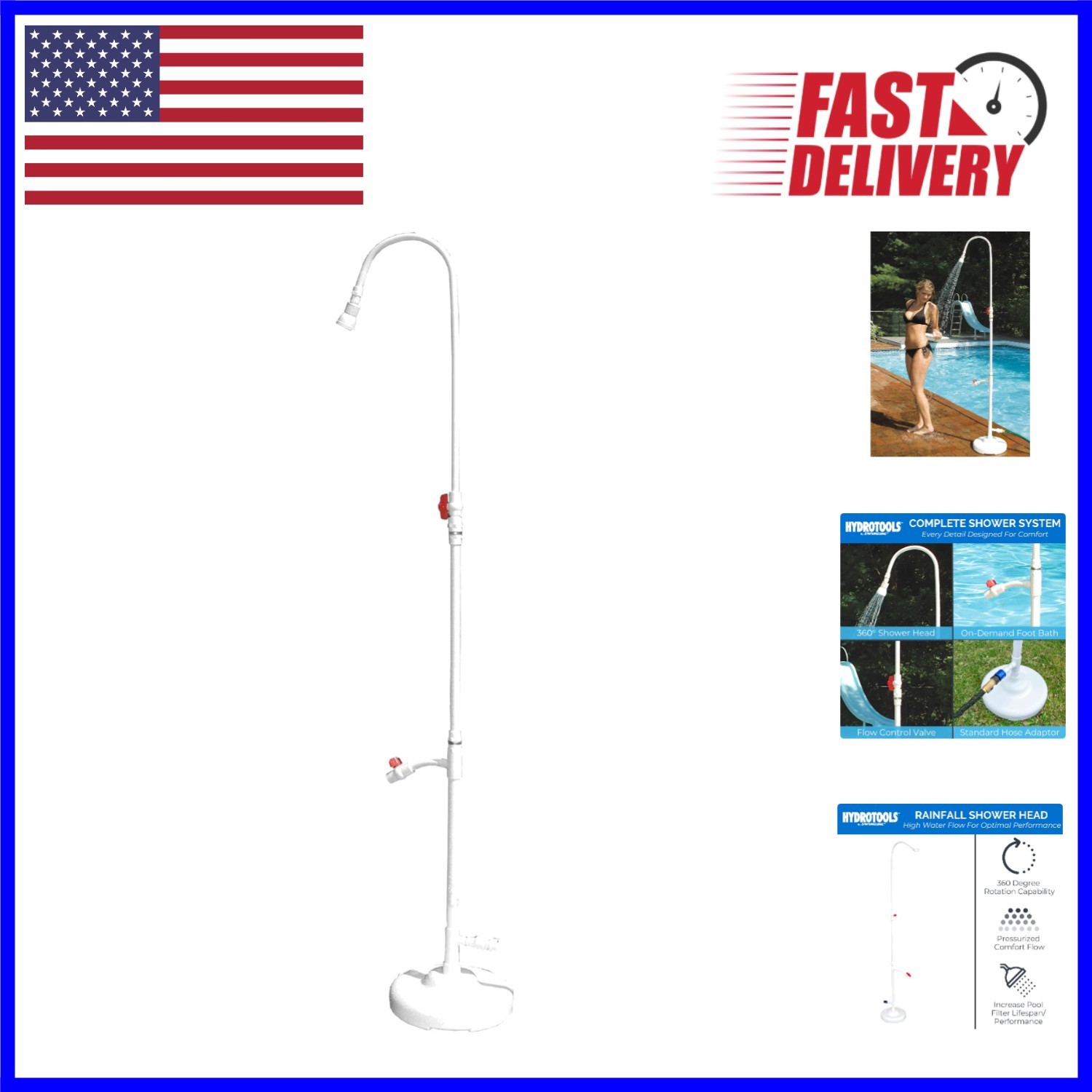 Convenient 7ft Poolside Shower: Adjustable Head & Foot Wash Feature Included