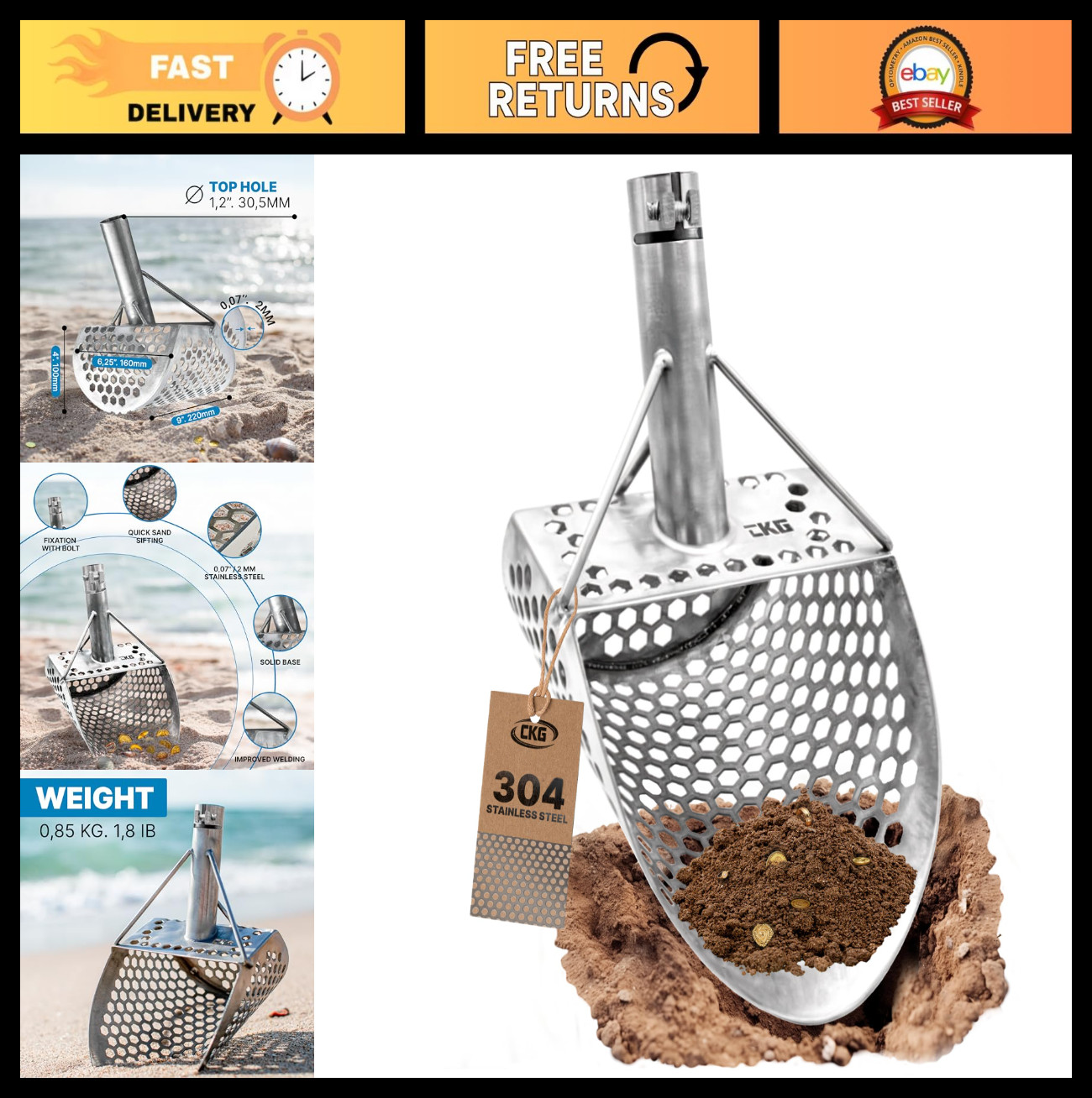 Heavy Duty Stainless Steel Sand Scoop for Metal Detecting & Treasure Hunting, 9x