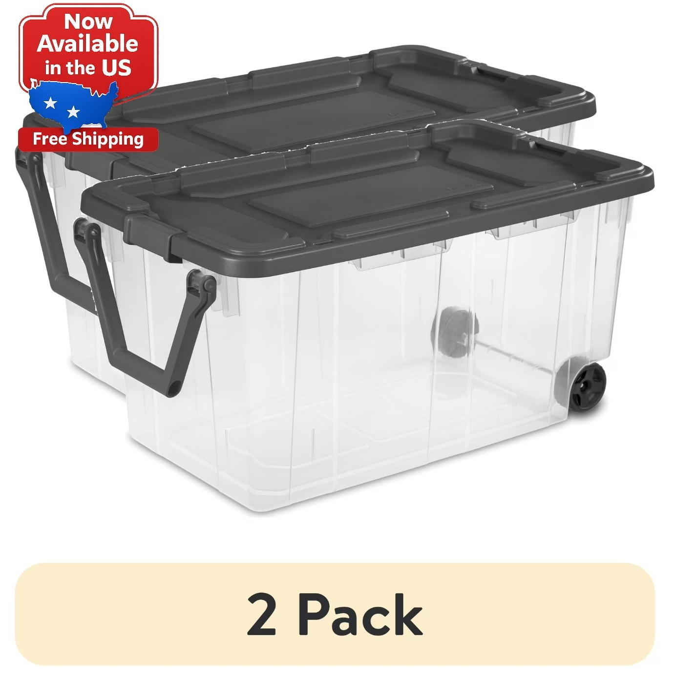 (2 pack) Sterilite 160 Quart Wheeled Storage Box, Extra Large Durable Clear Plas