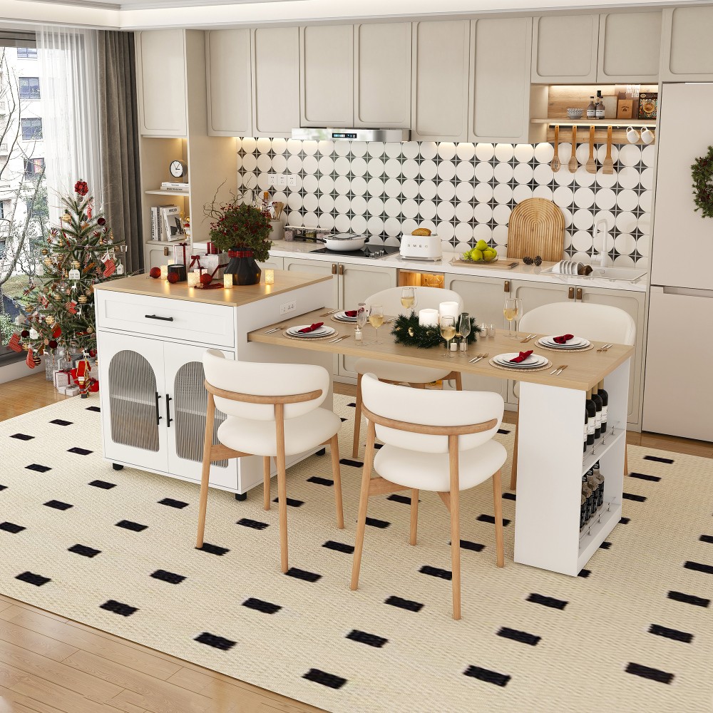 Expandable Kitchen Island W Dining Table, Power Outlet, Cabinetry, and 2 Drawers