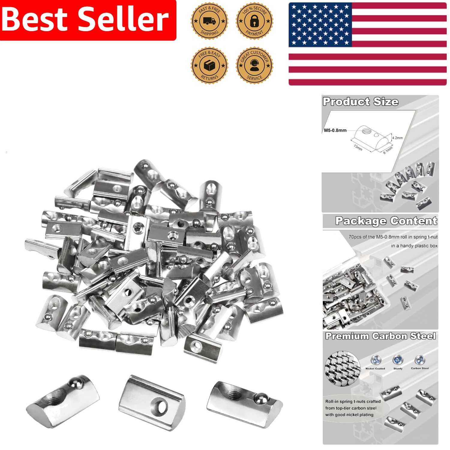 70pcs M5 Spring Loaded T Nut Nickel Plated Carbon Steel for 20 Series Extrusion