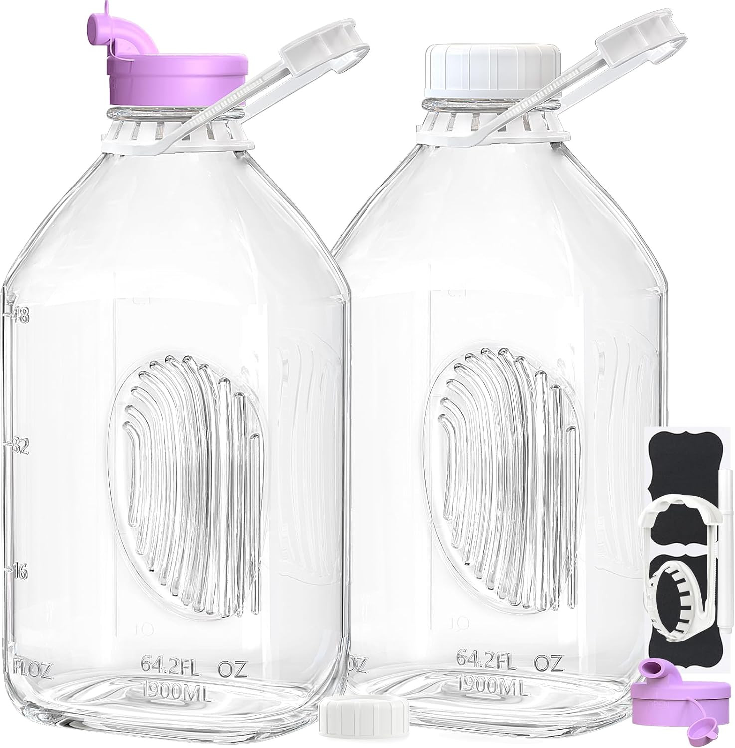 2 Pack 64 Oz Heavy Duty Glass Milk Bottle with 1 Silicone Spout and 3 Reusable A