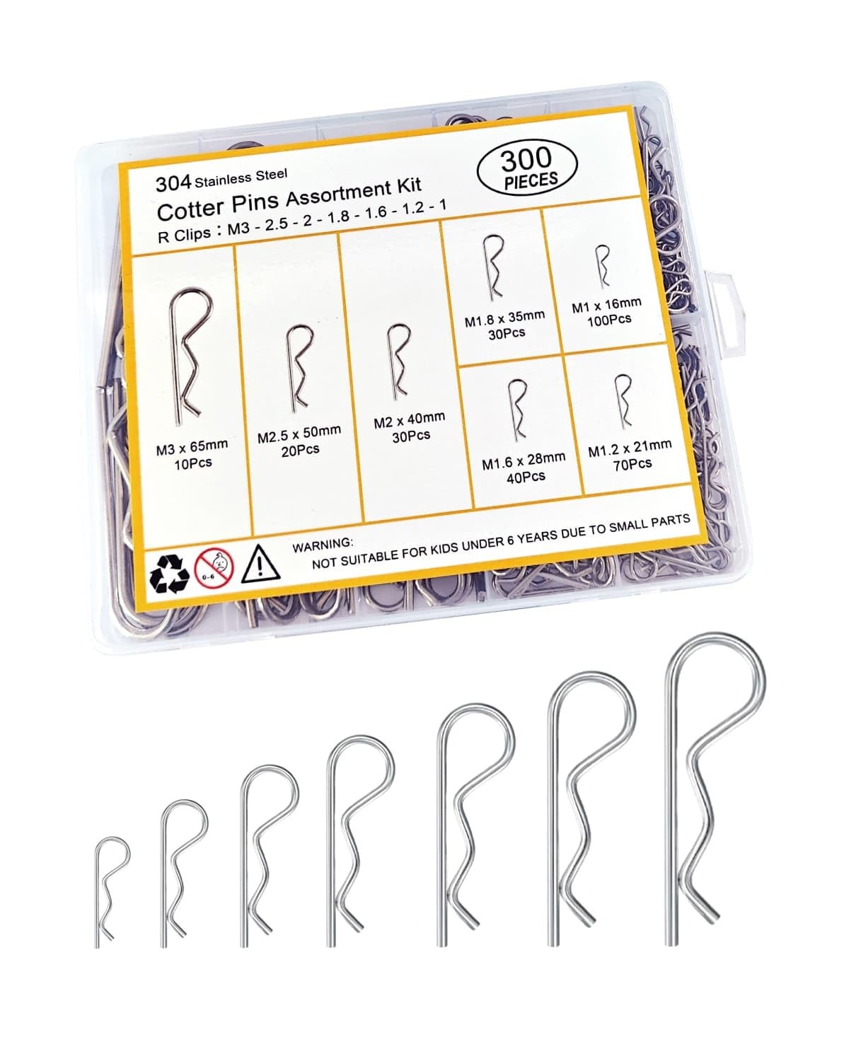 300 Pcs Cotter Pins Assortment Kit - 7 Sizes Hitch Pin Clips 304 Stainless Steel