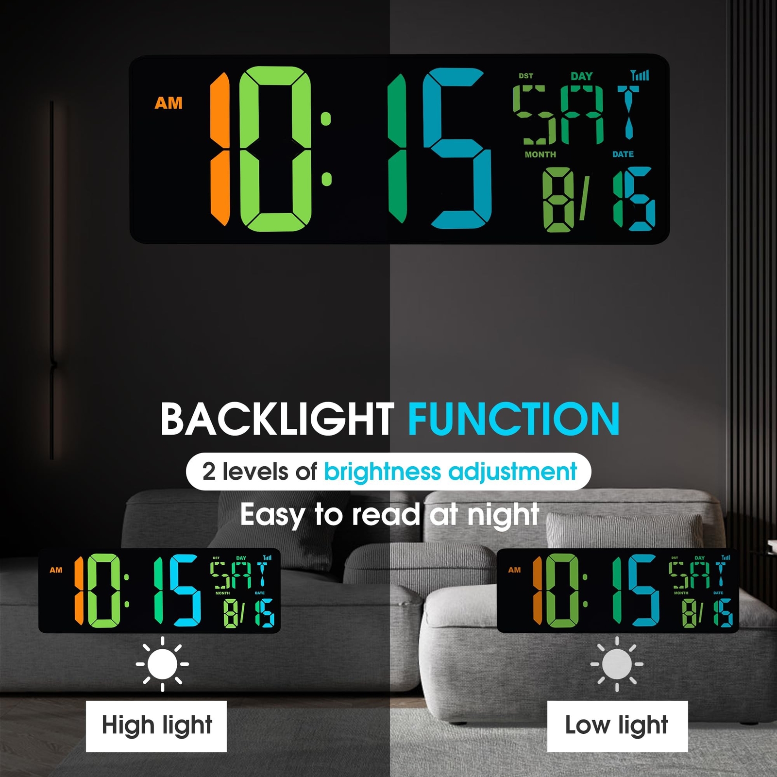 XREXS Large Digital Wall Clock Bluetooth Sync, 17.2" RGB Color Changing Digit...