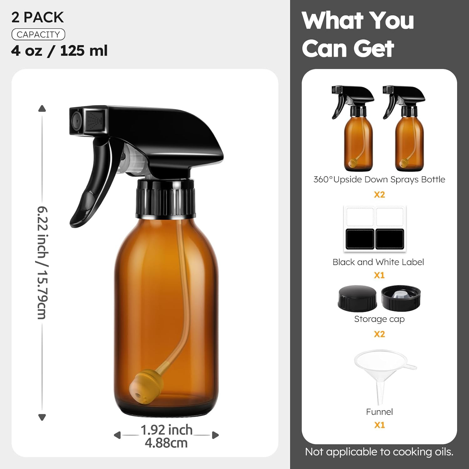 360� 4 OZ Amber Glass Spray Bottles, 2 Pack Empty Refillable Container