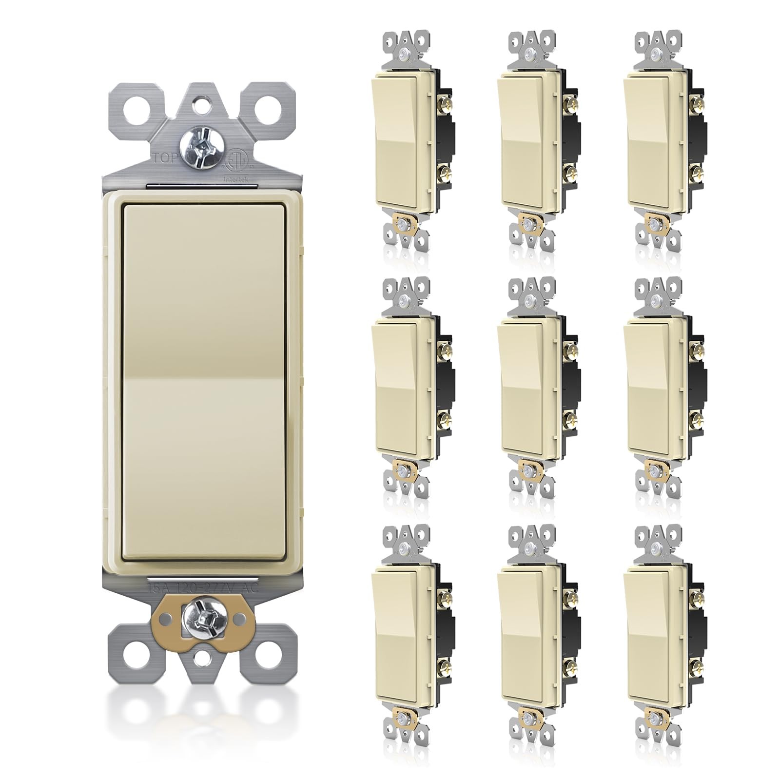 10 PCS 3Way Decorator Paddle Rocker Light Switch 15A 120/277V Ivory ETL