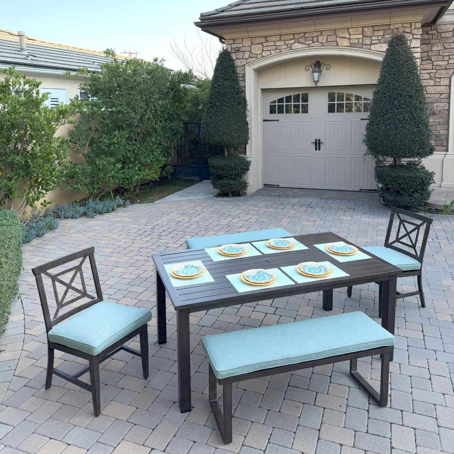 Atlantis 5 Pc Aluminum Dining Set 2 Dining Side Chairs & 2 Two Person Benches