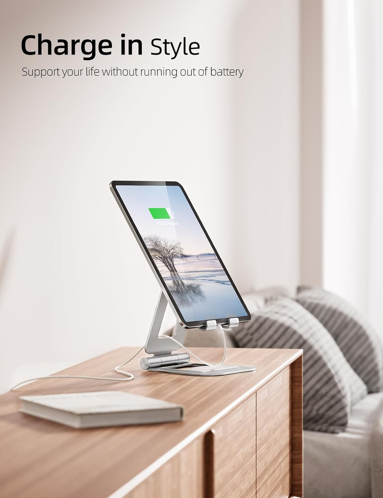 Dual Adjustable Foldable Aluminum Tablet Stand, Silver, Compatible with iPad