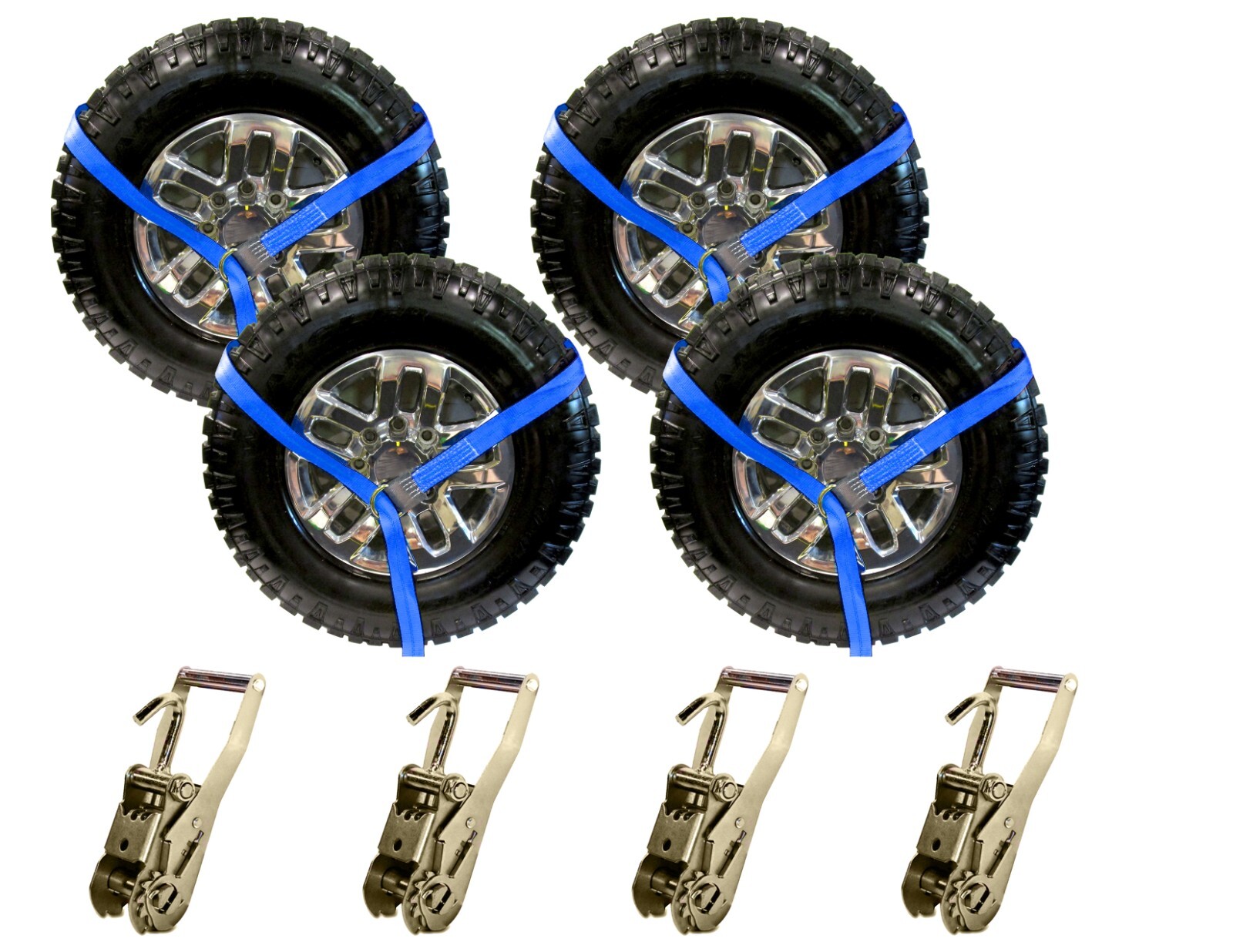 2"x8' Blue Lasso Wheel Strap Set 4pk + 4 Long Ratchets Finger Hook Tie Down Kit