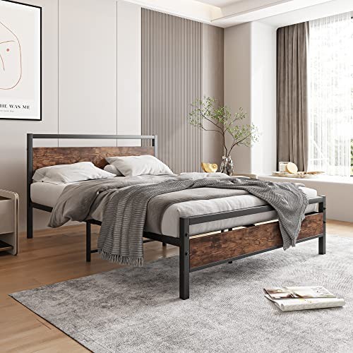 Size Bed Frame with Headboard, Heavy Duty Platform Bed Frame Full Rustic Brown