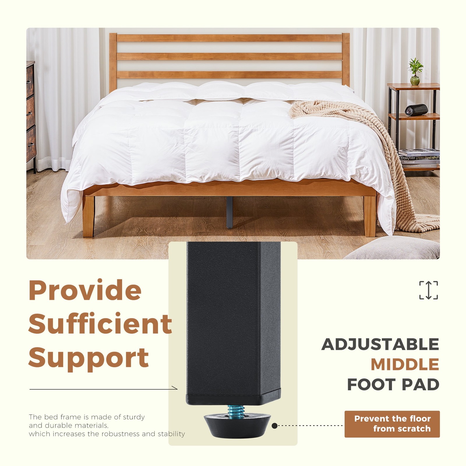 4 Sizes Solid Wood Bed Frame w/ Headboard Walnut Finish Wood Slat Support System