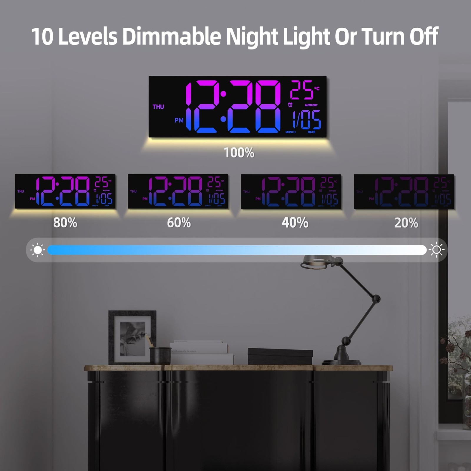 8 Colors Digital Wall Clock, 16.2" Large Digital Clock with Temperature, Date...
