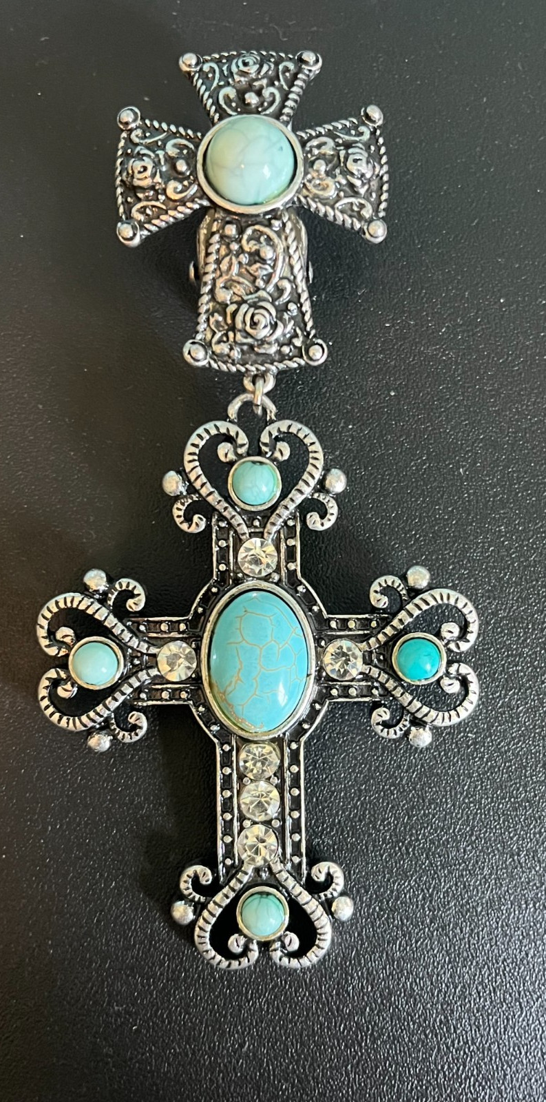 New Silver Tone Faux Turquoise & Crystal Cross Purse/Bag Charm Christian Faith
