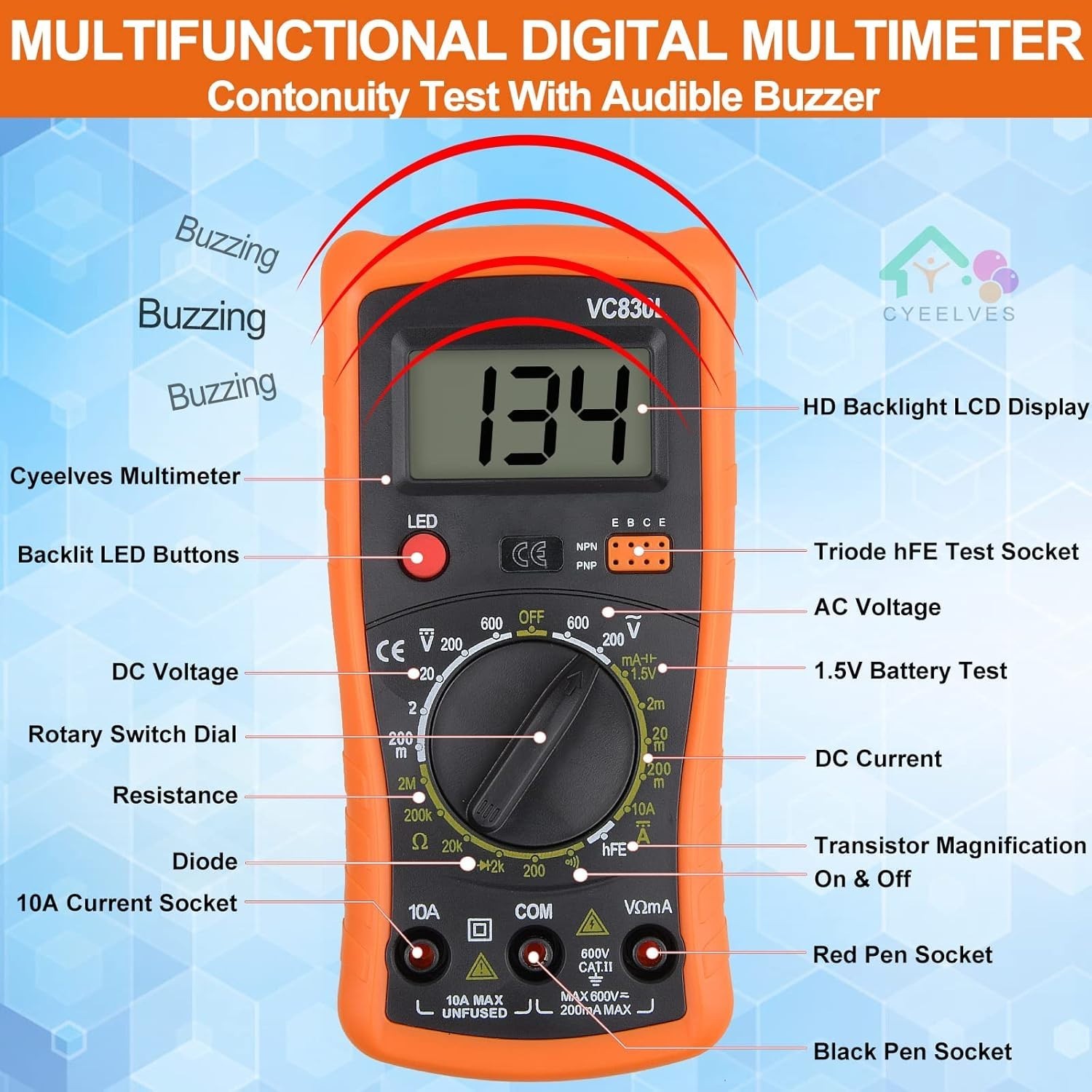 Multifunction Digital Multimeter with Backlit Display for AC/DC Testing