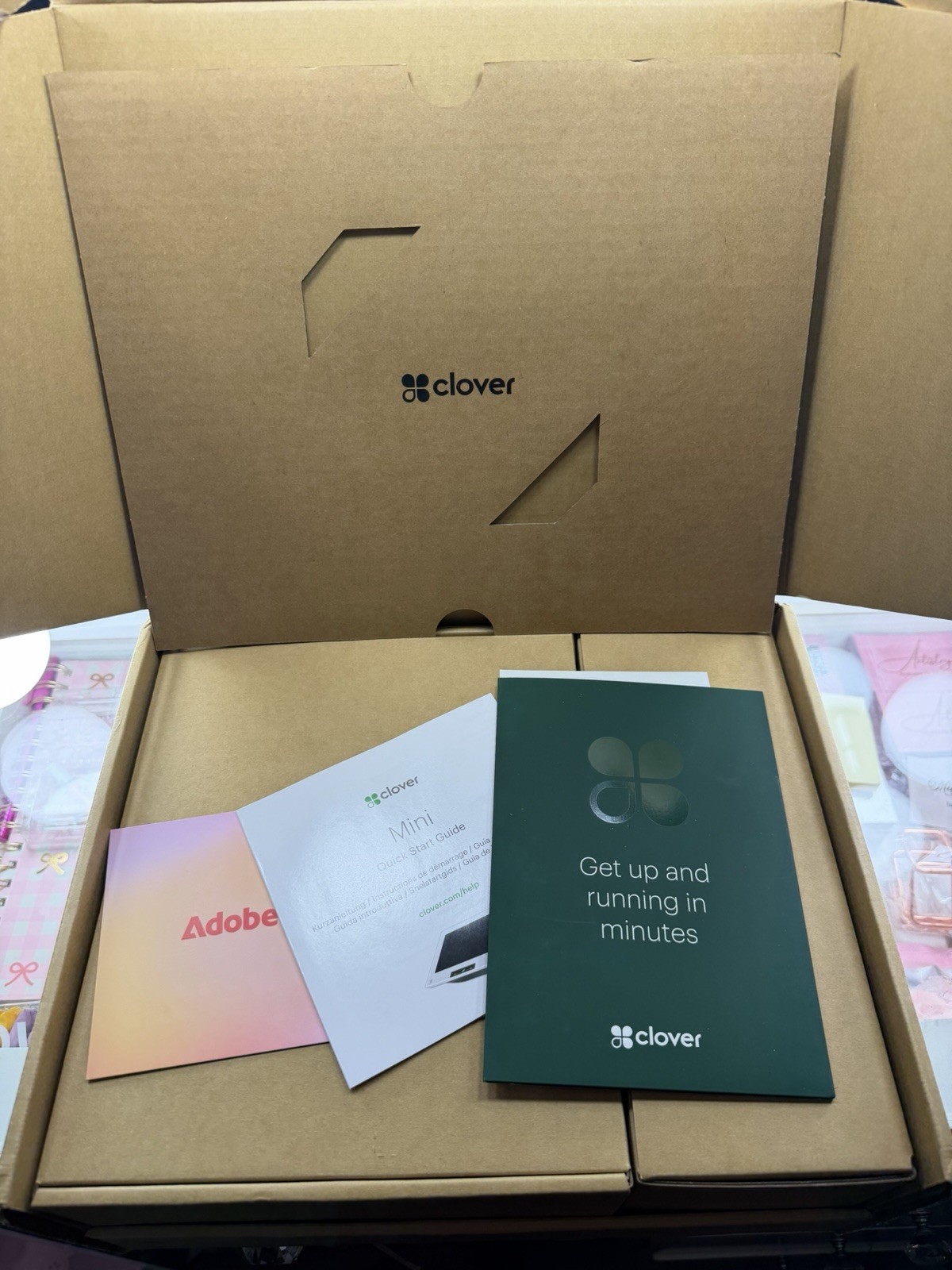 Clover Mini Retail POS System Terminal with Accessories and Setup Materials
