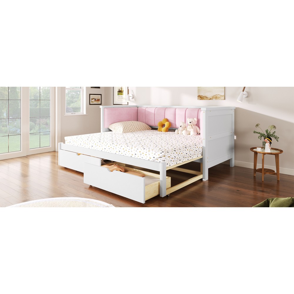 Pink & White Velvet Daybed Twin XL to King w/ Storage & Backrest